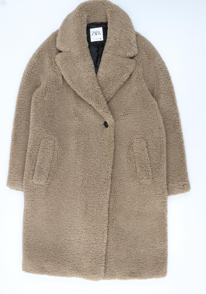 Zara Women Beige Teddy Overcoat Longline Size S Lined Fleece Classic