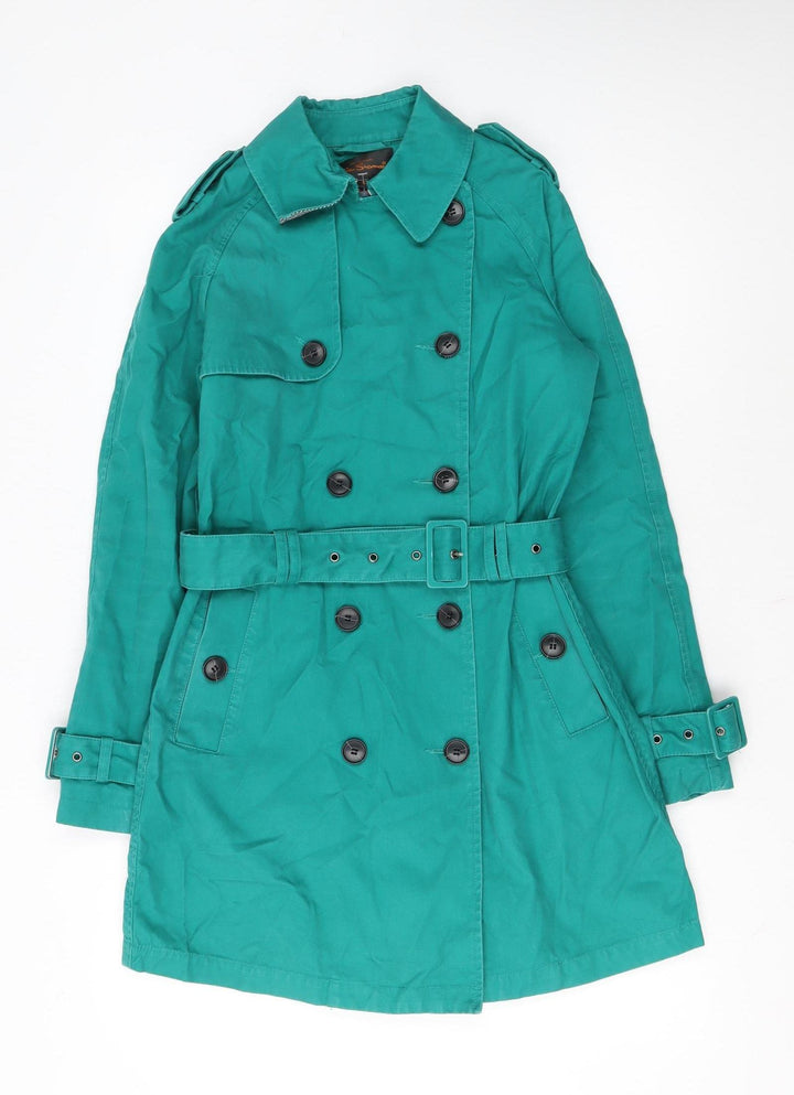 Ben Sherman Women's Green Cotton Trench Coat Size S Belted Classic Style