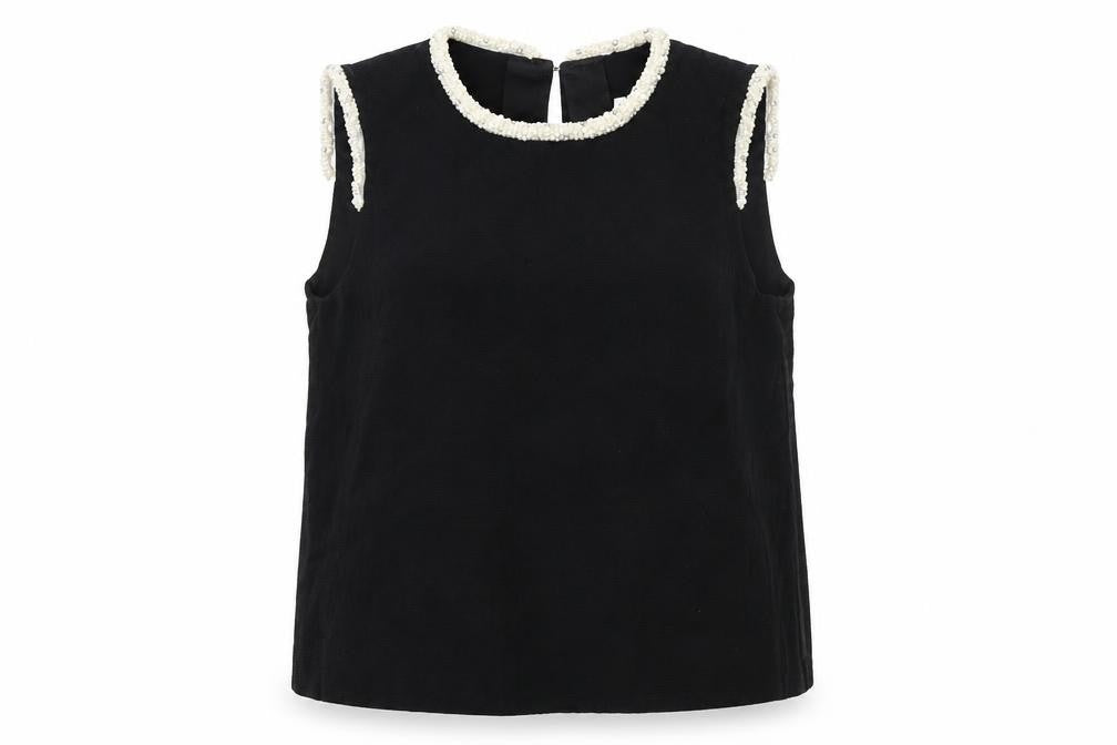 Front view of Sandro Women's Black Beaded Sleeveless Blouse, size S