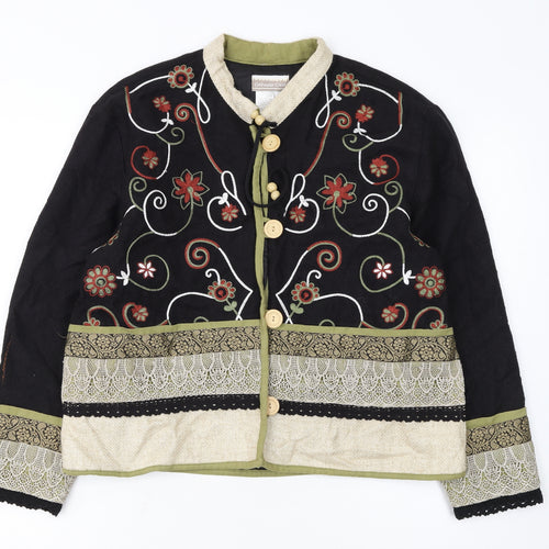 Coldwater Creek Women Black Floral Embroidered Cardigan Medium Linen Blend