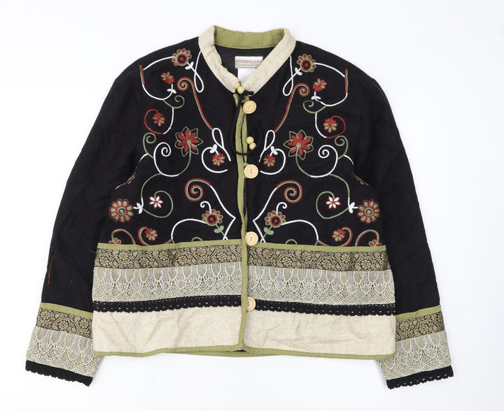 Coldwater Creek Women Black Floral Embroidered Cardigan Medium Linen Blend