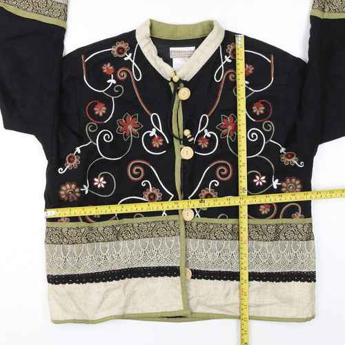 Coldwater Creek Women Black Floral Embroidered Cardigan Medium Linen Blend