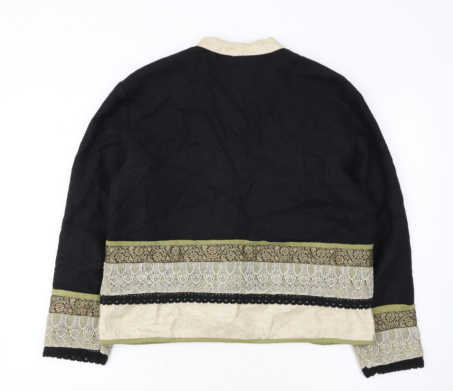 Coldwater Creek Women Black Floral Embroidered Cardigan Medium Linen Blend
