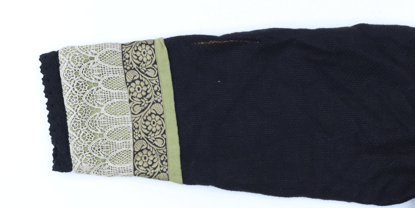 Coldwater Creek Women Black Floral Embroidered Cardigan Medium Linen Blend