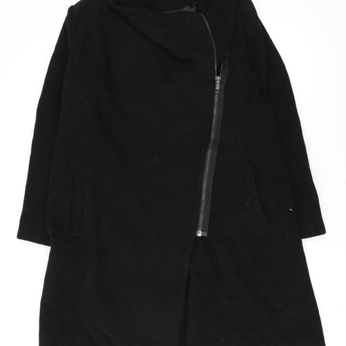 H&M Divided Women's Black Wool Blend Long Zip Coat Size 14