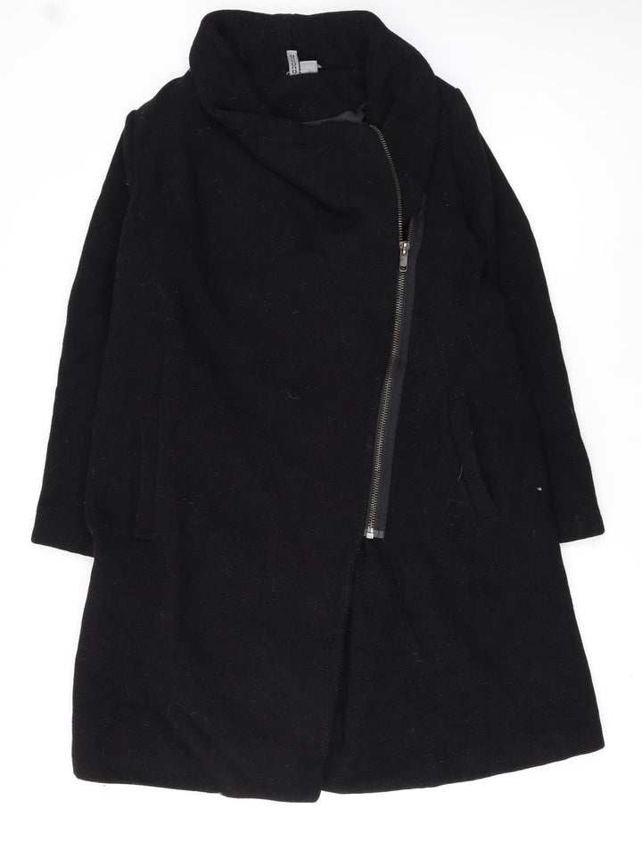 H&M Divided Women's Black Wool Blend Long Zip Coat Size 14