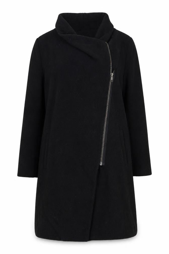 Front view of H&M Divided Women's Black Wool Blend Long Zip Coat, size 14