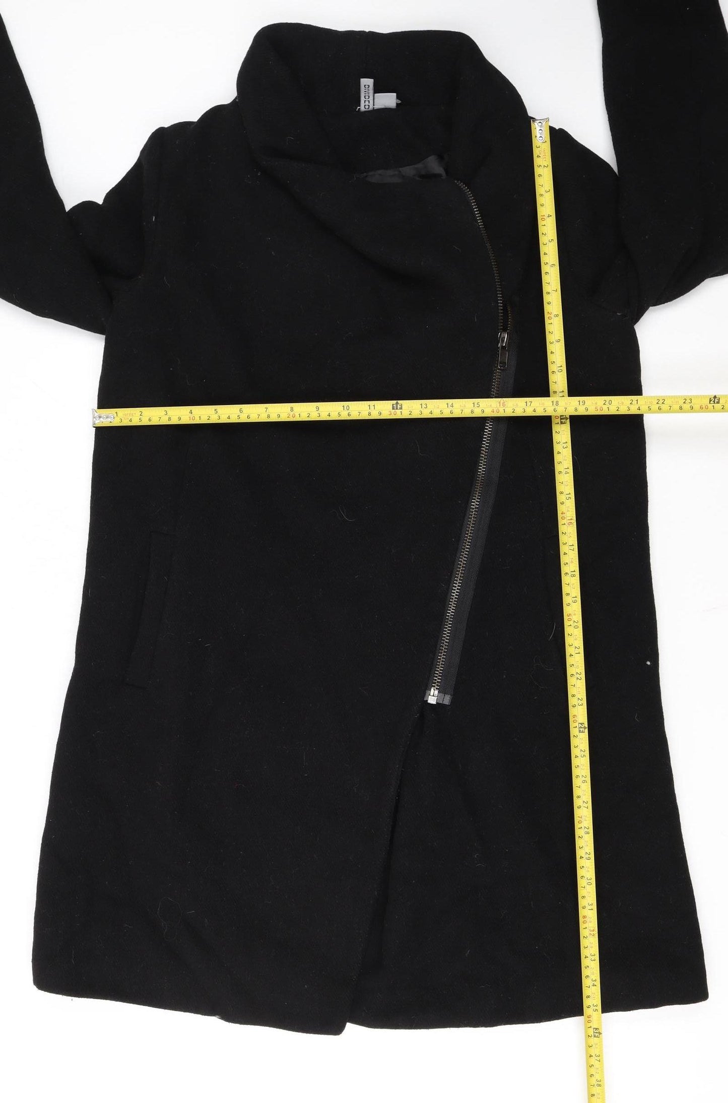 H&M Divided Women's Black Wool Blend Long Zip Coat Size 14