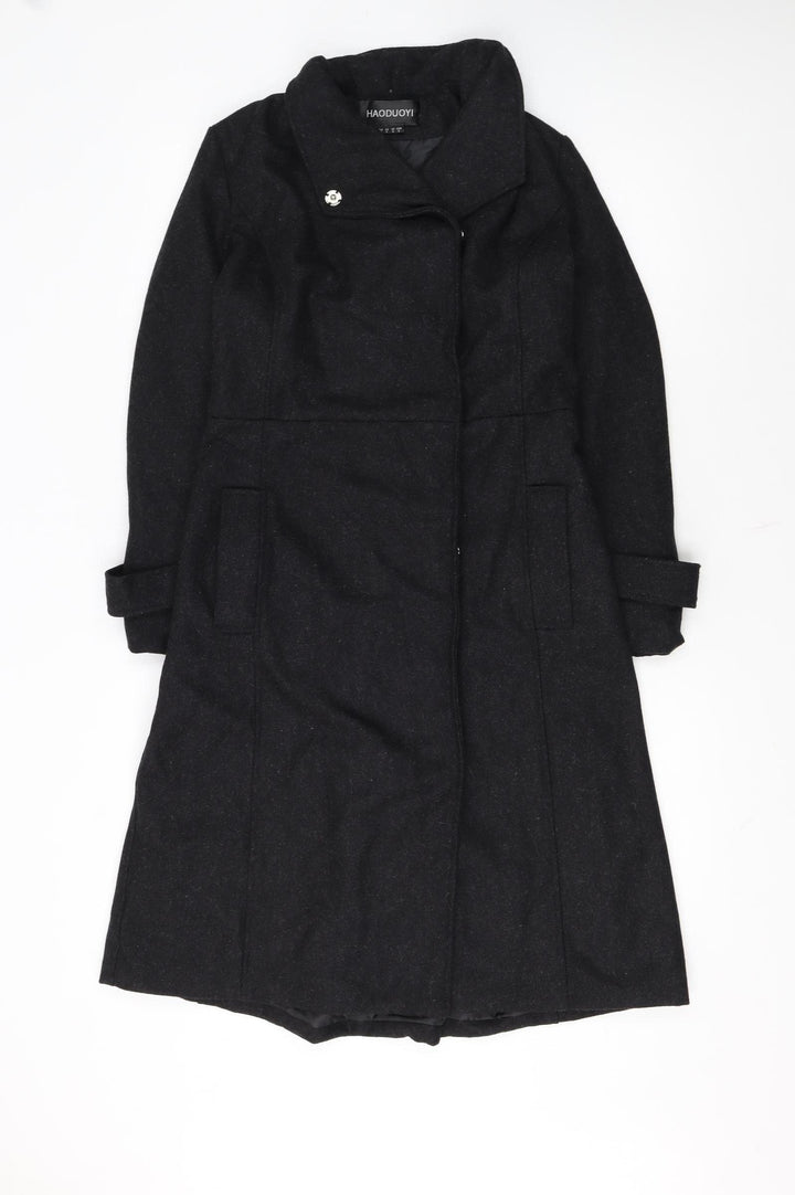 HAODUOYI Women's Black Wool Blend Long Trench Coat Size 8