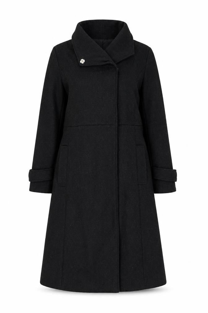 Front view of HAODUOYI Women's Black Wool Blend Long Trench Coat, size 8