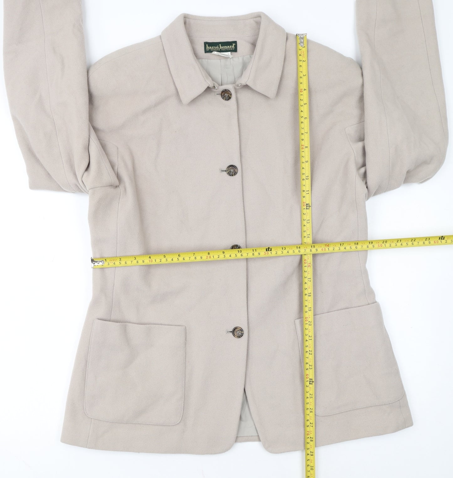 Harvé Benard Womens Beige Wool Blend Mid-Length Jacket Size 12