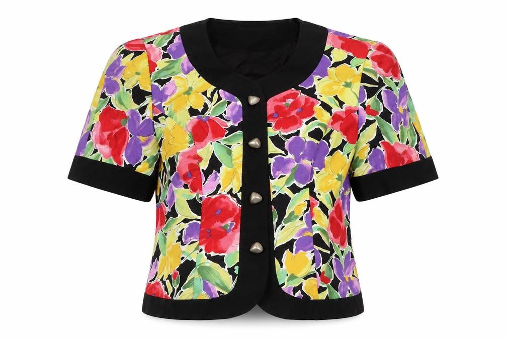 Front view of ROUIE Women's Multicoloured Floral Cropped Short Sleeve Blouse, size S