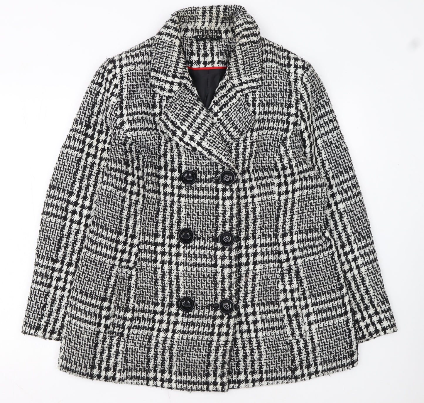 Classic Women's Black & White Checked Double-Breasted Wool Blend Blazer Size 16