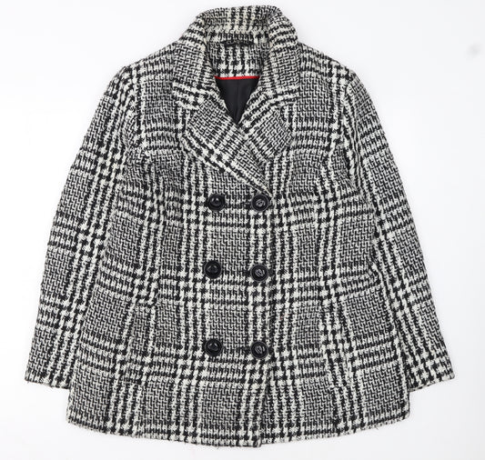 Classic Women's Black & White Checked Double-Breasted Wool Blend Blazer Size 16