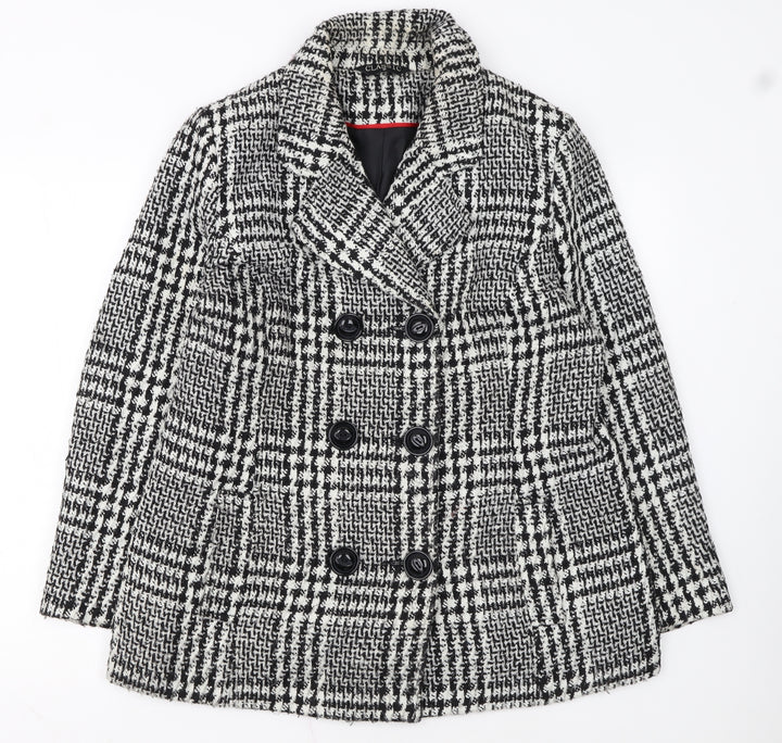Classic Women's Black & White Checked Double-Breasted Wool Blend Blazer Size 16