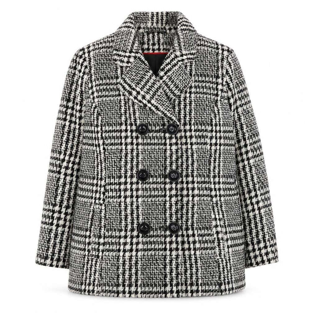 Front view of Classics Women's Black & White Checked Double-Breasted Wool Blend Blazer, size 16