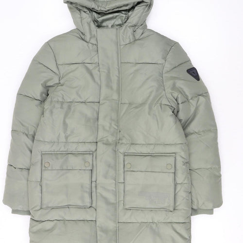 Marks and Spencer Boys Green Puffer Jacket 9-10 Years Hooded Mid-Length