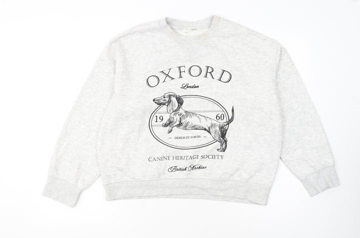 H&M Women Grey Oxford Dog Print Pullover Sweatshirt M