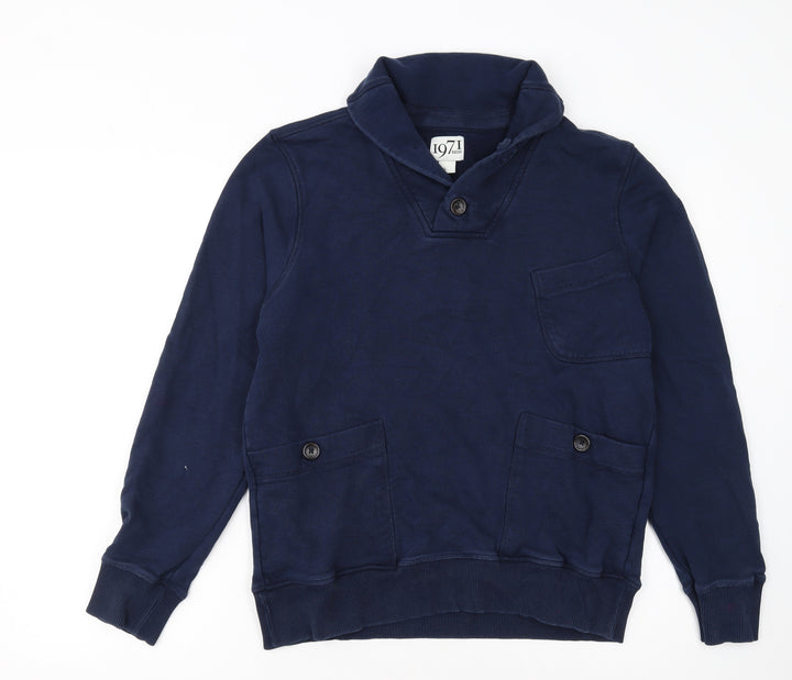 Reiss 1971 Men’s Blue Henley Sweatshirt XL Cotton Button Pocket