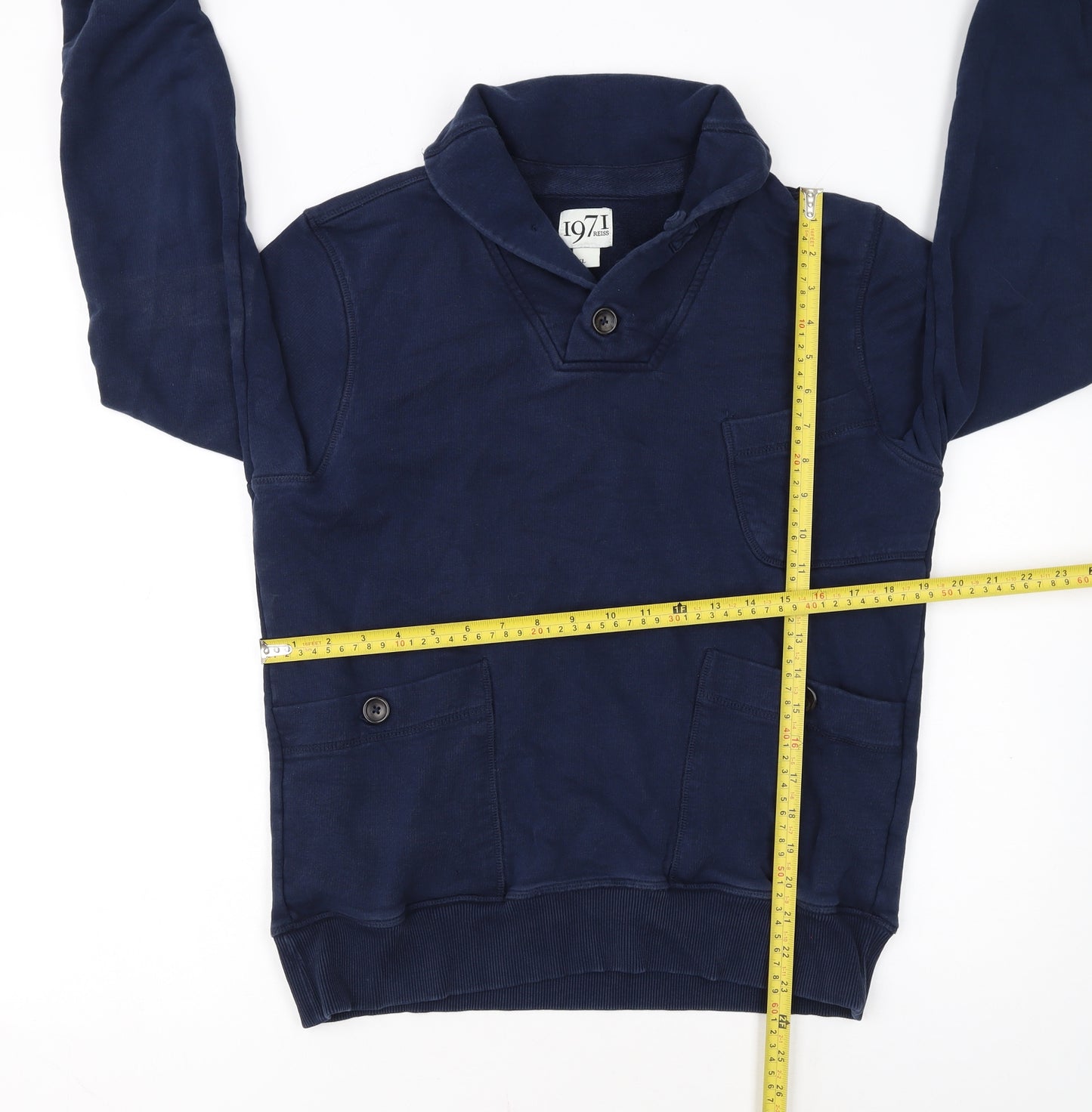 Reiss 1971 Men’s Blue Henley Sweatshirt XL Cotton Button Pocket