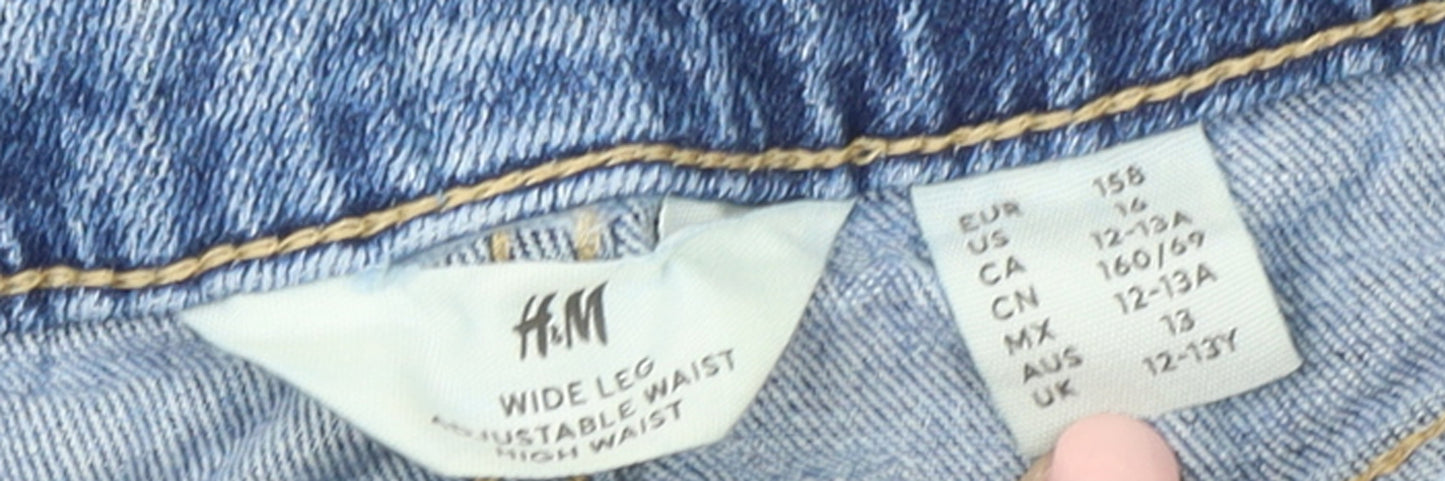 H&M Girls Blue 12-13 Years Wide-Leg Adjustable Waist High Rise Denim Jeans