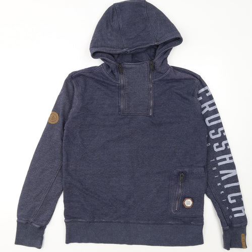 Crosshatch Men's Blue Pullover Hoodie Size M High Neck Zip Pocket Sweatshirt