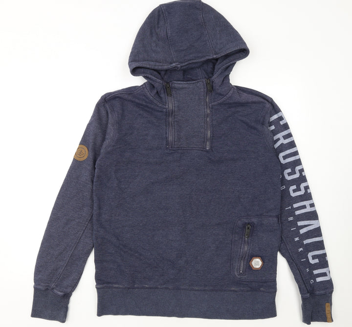 Crosshatch Men's Blue Pullover Hoodie Size M High Neck Zip Pocket Sweatshirt