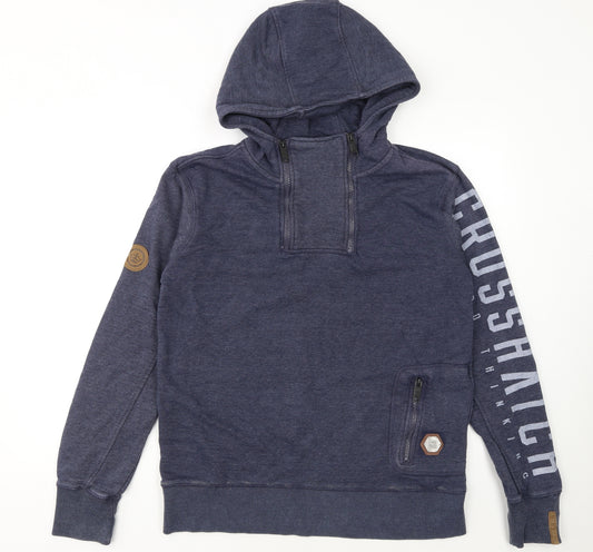 Crosshatch Men's Blue Pullover Hoodie Size M High Neck Zip Pocket Sweatshirt