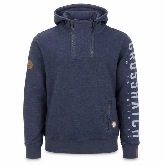 Front view of Crosshatch Men's Blue Pullover Hoodie, size M, High Neck Zip Pocket Sweatshirt