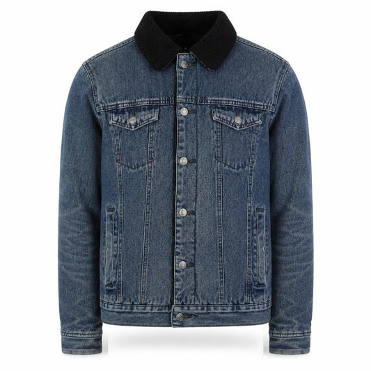 Front view of Denim Co Men's Blue Sherpa Lined Denim Jacket, size M