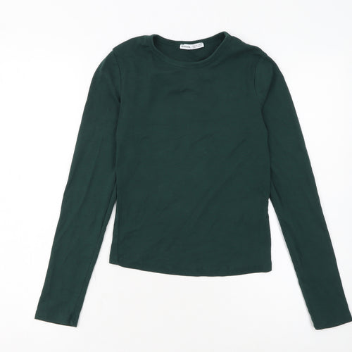 Bershka Women's Green Long Sleeve Basic Stretch Jersey Top M