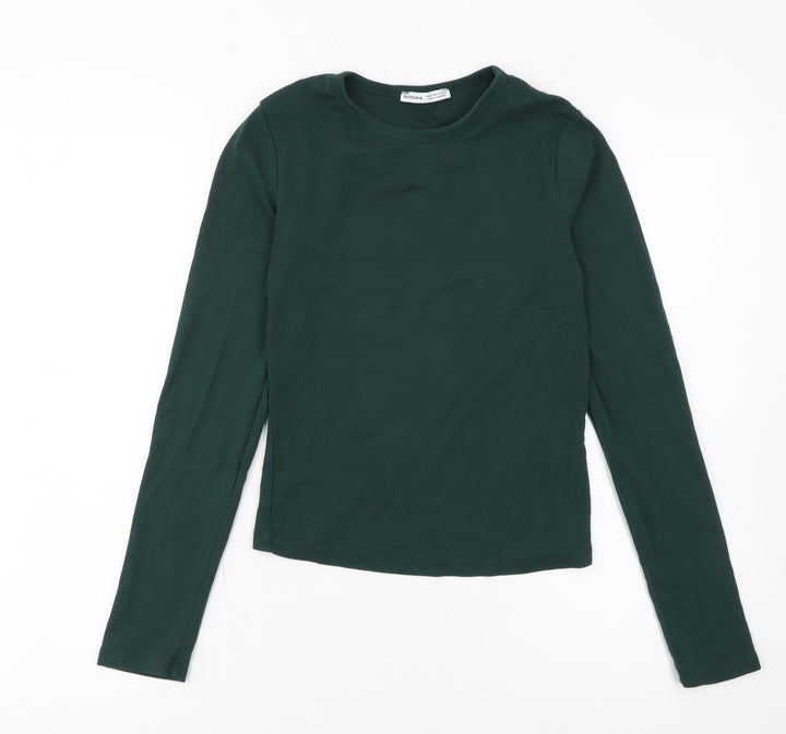 Bershka Women's Green Long Sleeve Basic Stretch Jersey Top M