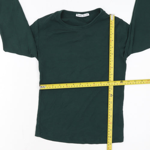 Bershka Women's Green Long Sleeve Basic Stretch Jersey Top M