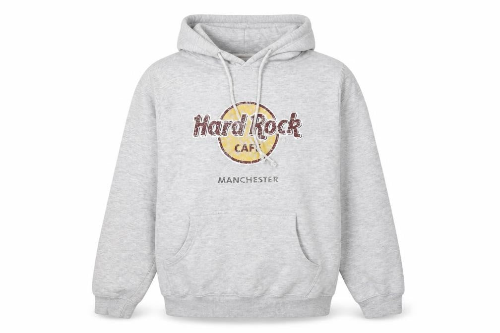 Front view of Hard Rock Cafe Men's Grey Pullover Hoodie Medium Music Logo Sweatshirt