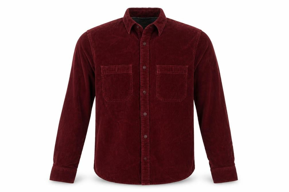 Front view of Roots Men's Red Corduroy Button-Up Long Sleeve Shirt, size M