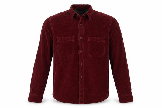 Front view of Roots Men's Red Corduroy Button-Up Long Sleeve Shirt, size M