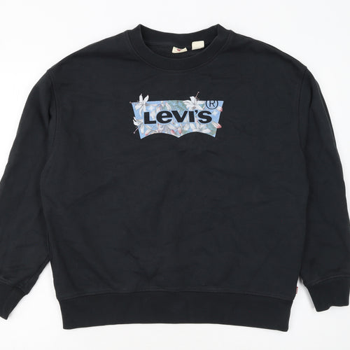 Levi's Women's Black Cotton Pullover Sweatshirt Size L Floral Logo