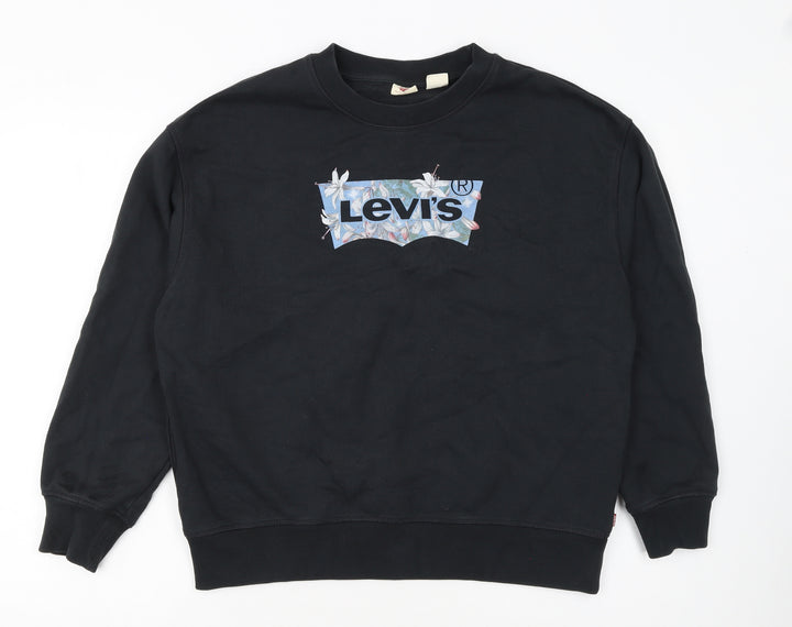 Levi's Women's Black Cotton Pullover Sweatshirt Size L Floral Logo