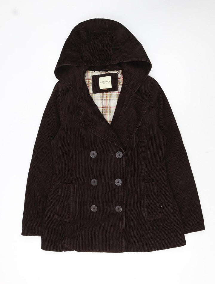 Sonoma Women Brown Corduroy Hooded Pea Coat Jacket Size S