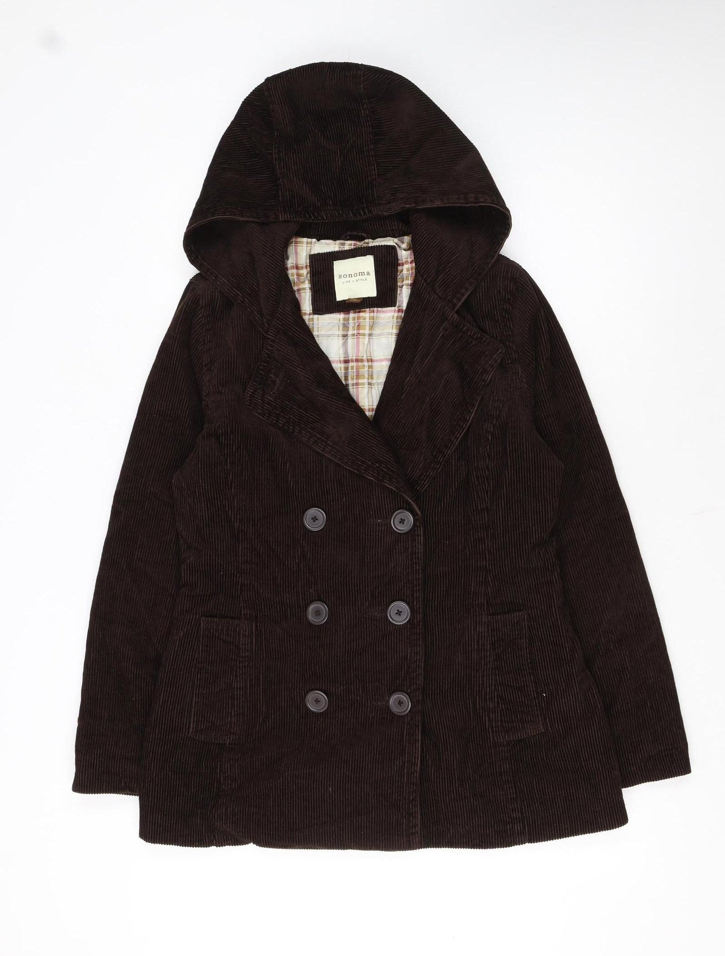 Sonoma Women Brown Corduroy Hooded Pea Coat Jacket Size S