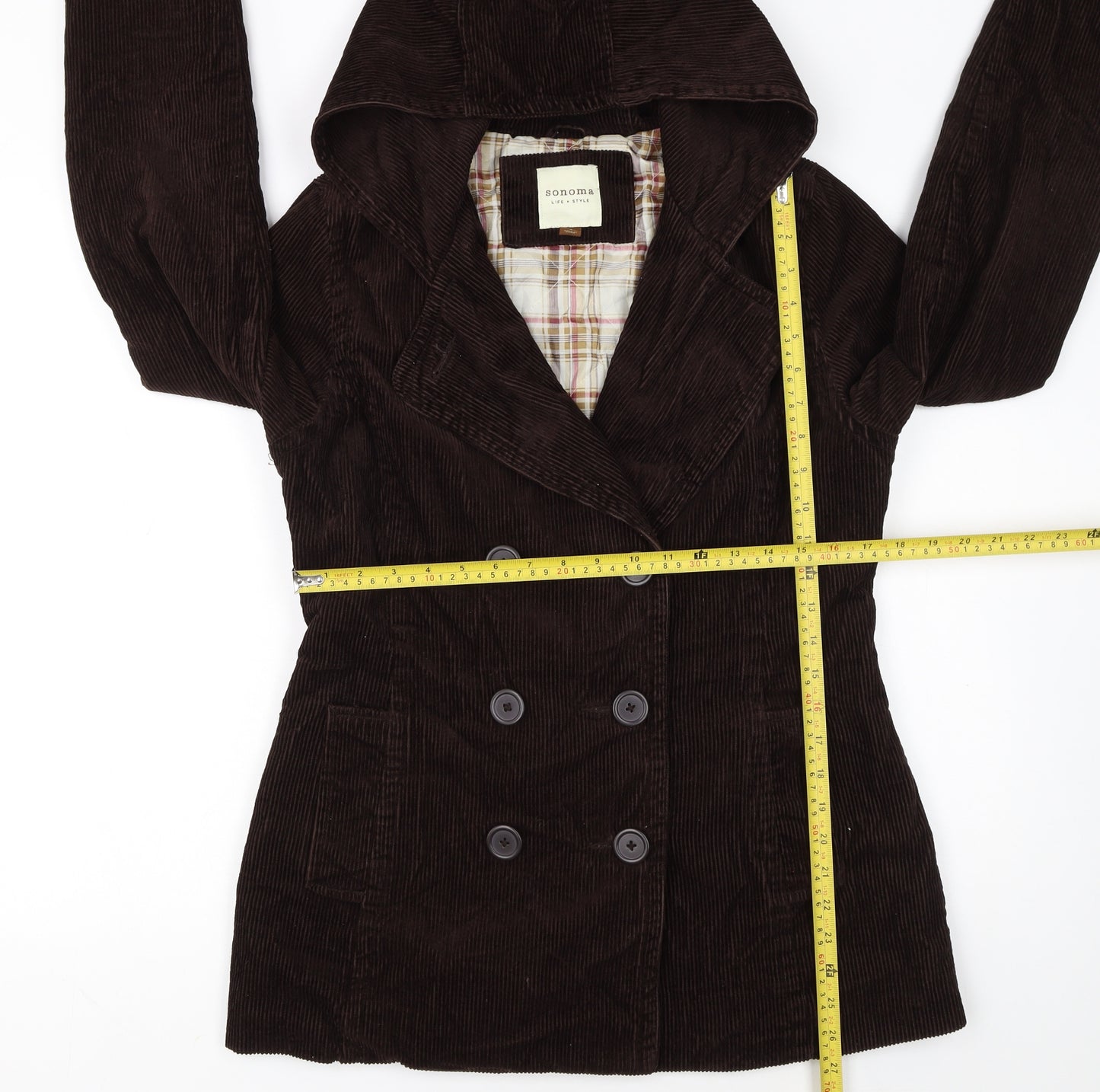 Sonoma Women Brown Corduroy Hooded Pea Coat Jacket Size S