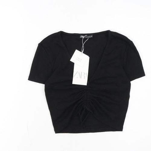 ZARA Womens Black Cropped V-Neck Ruched T-Shirt Size 12