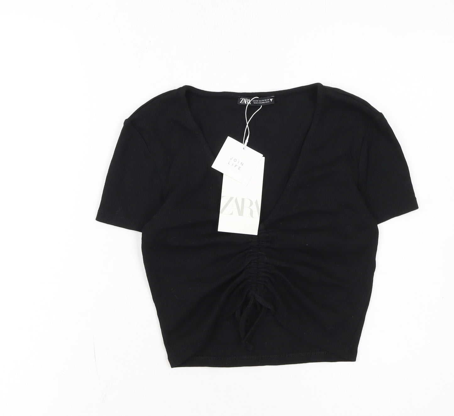 ZARA Womens Black Cropped V-Neck Ruched T-Shirt Size 12