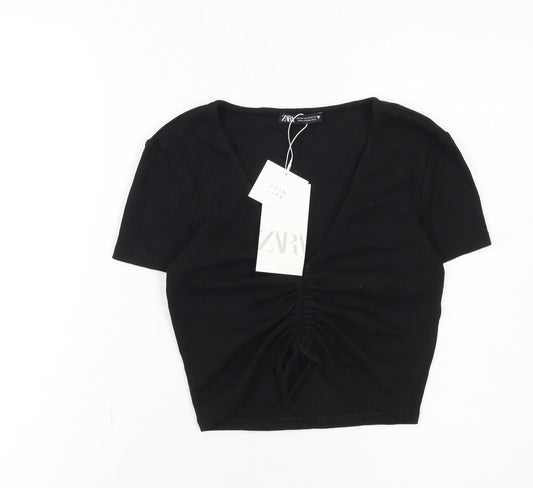 ZARA Womens Black Cropped V-Neck Ruched T-Shirt Size 12