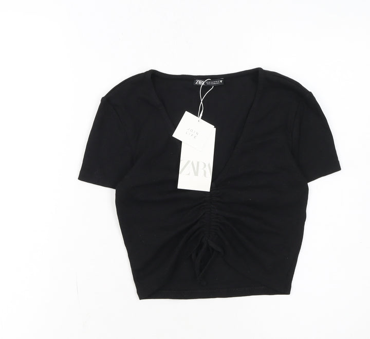 ZARA Womens Black Cropped V-Neck Ruched T-Shirt Size 12