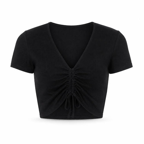 ZARA Womens Black Cropped V-Neck Ruched T-Shirt Size 12