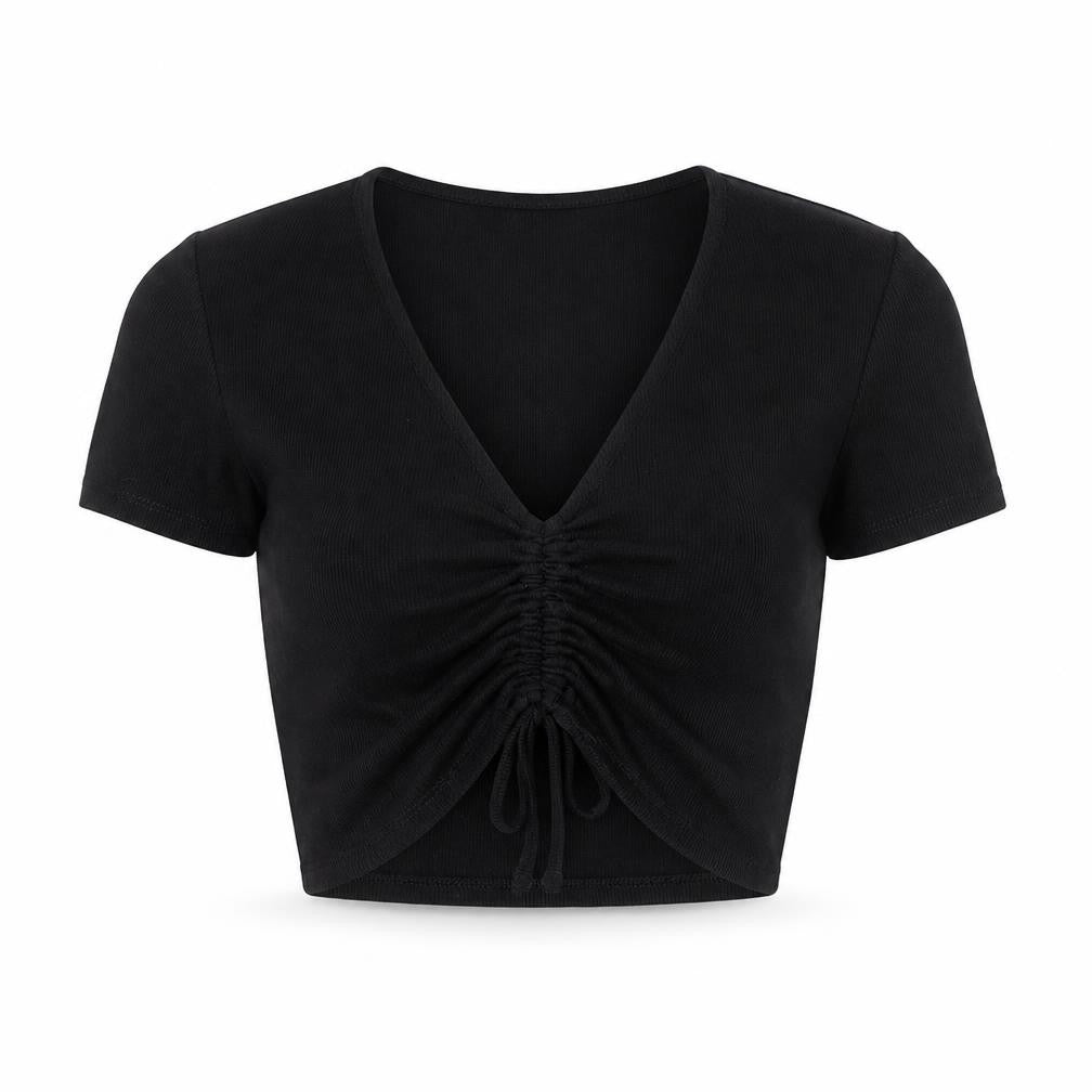 ZARA Womens Black Cropped V-Neck Ruched T-Shirt Size 12