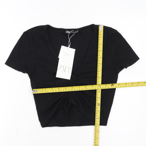 ZARA Womens Black Cropped V-Neck Ruched T-Shirt Size 12