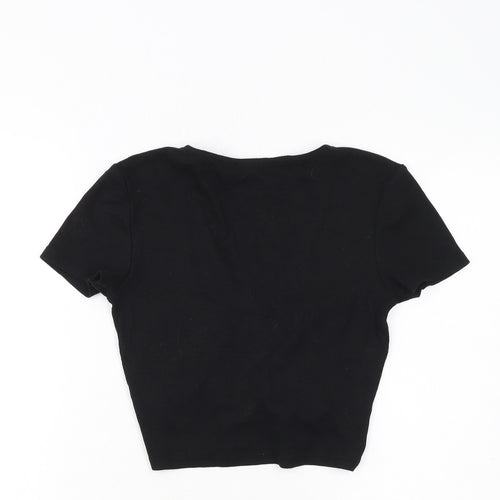 ZARA Womens Black Cropped V-Neck Ruched T-Shirt Size 12