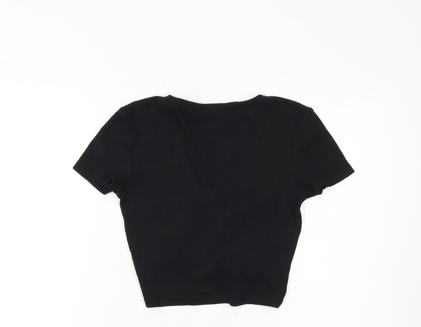 ZARA Womens Black Cropped V-Neck Ruched T-Shirt Size 12